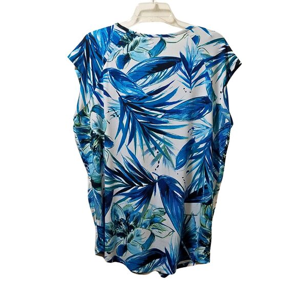 Premise Blouse Women’s XXL Blue White Floral Cap Sleeve Stretch Top - Picture 2 of 3